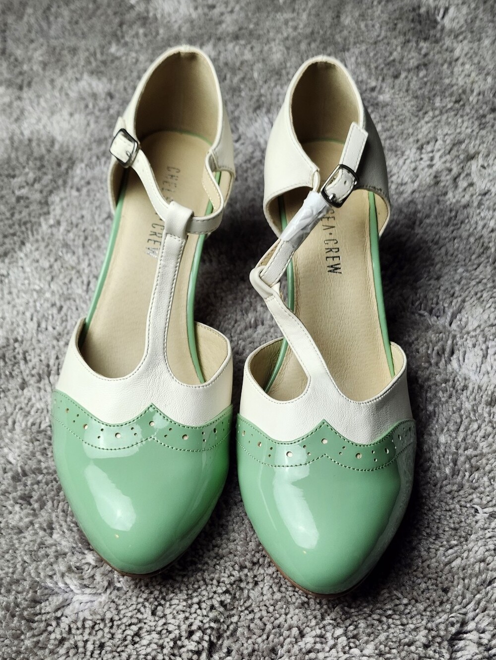 Chelsea . Crew Mint Green and Cream T-Strap Flats